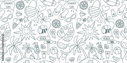 Summer holiday attributes seamless pattern doodle sketch style. Hand drawn background with beach relaxation items. Travel tourism print for textile, packaging, design. Vector graphics