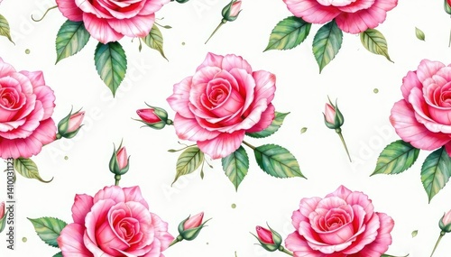 Delicate watercolor rose buds & leaves, repeating pattern, vintage, print, textile