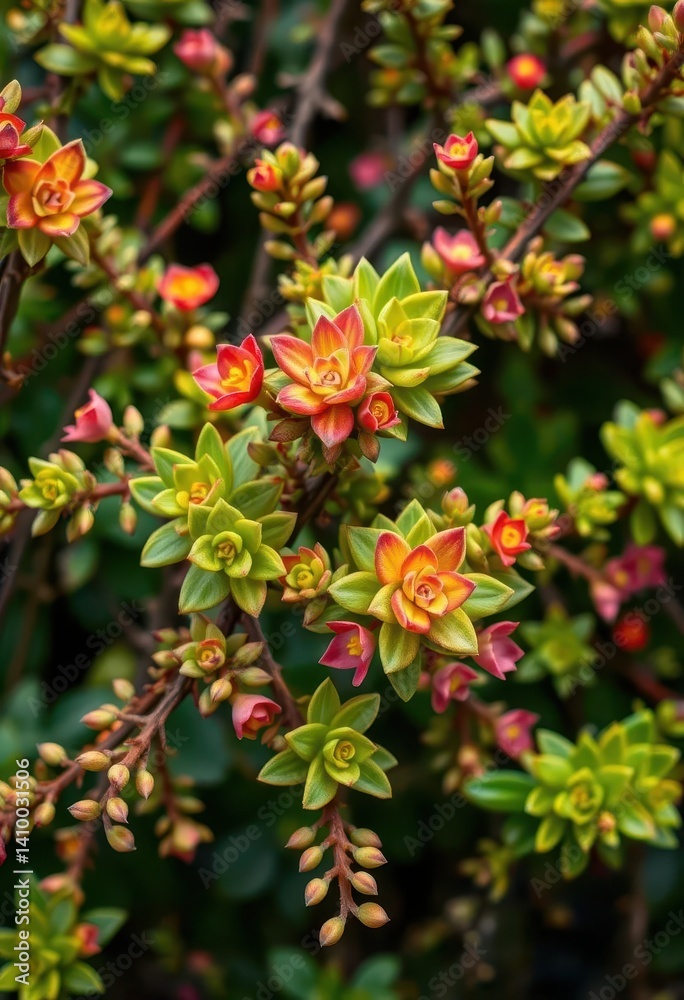 Vibrant succulent branches, colorful blooms, lush leaves, natural beauty, macro, organic, closeup