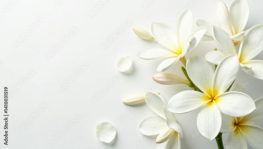 Obraz premium Delicate white flower petals on white backdrop, petals, clean