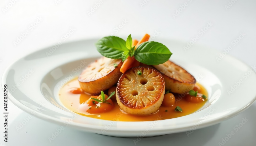 Elegant gourmet meal, pristine white backdrop, cuisine, photography Elegant gourmet meal, pristine white backdrop, cuisine, photography