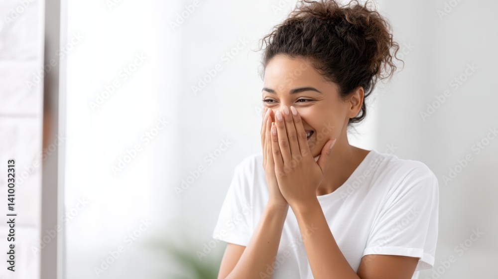 A joyful woman smiles and covers her face with her hands, expressing happiness in a bright, airy space. A joyful woman smiles and covers her face with her hands, expressing happiness in a bright, airy space.