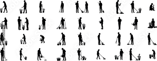  Set of black silhouettes of gardeners working in garden