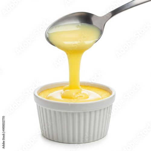 Spoon pouring yellow custard into a white ramekin on a white background in a studio shot