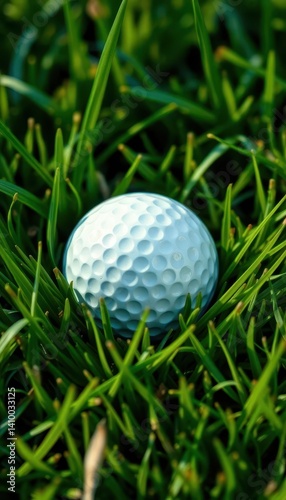 Obraz na płótnie A dimpled white golf ball nestled in lush green grass, putting, white w salonie