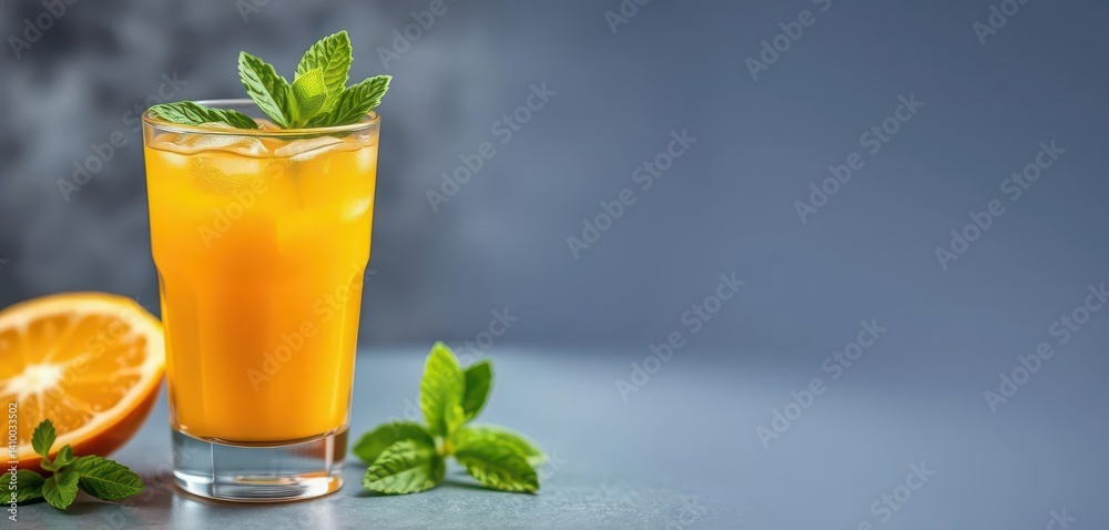 A refreshing glass of orange juice garnished with a mint sprig, tasty, beverage, food