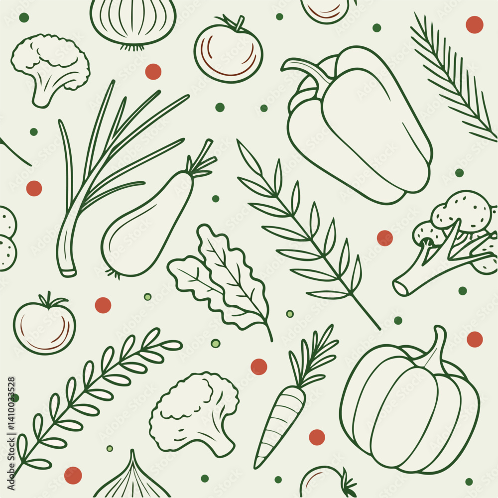 Seamless Hand-Drawn Vegetable Pattern – Green & Red Line Art on Cream Background for Kitchen & Eco Projects Seamless Hand-Drawn Vegetable Pattern – Green & Red Line Art on Cream Background for Kitchen & Eco Projects