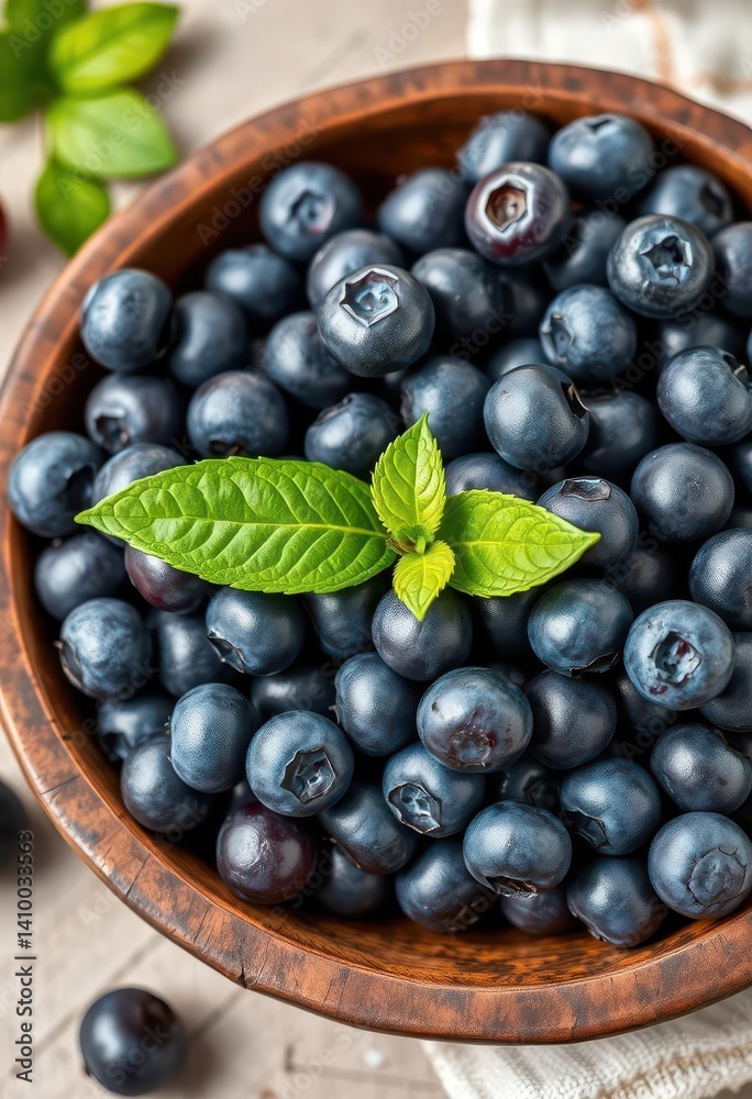 A rustic bowl overflowing with plump blueberries, adorned with a vibrant green leaf, texture, blueberries, delicious