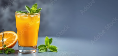 Obraz na płótnie A refreshing glass of orange juice garnished with a mint sprig, tasty, beverage, food w salonie