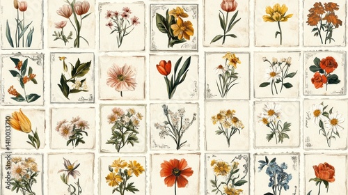 A collection of vintage botanical illustrations of various flowers.