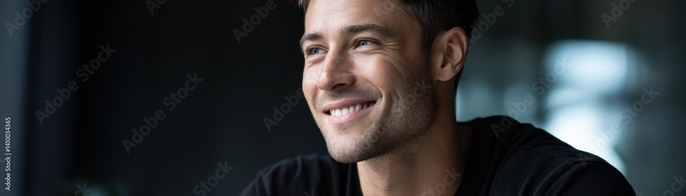 Obraz premium A smiling man in a dark setting exudes confidence and happiness, captured in a candid moment.