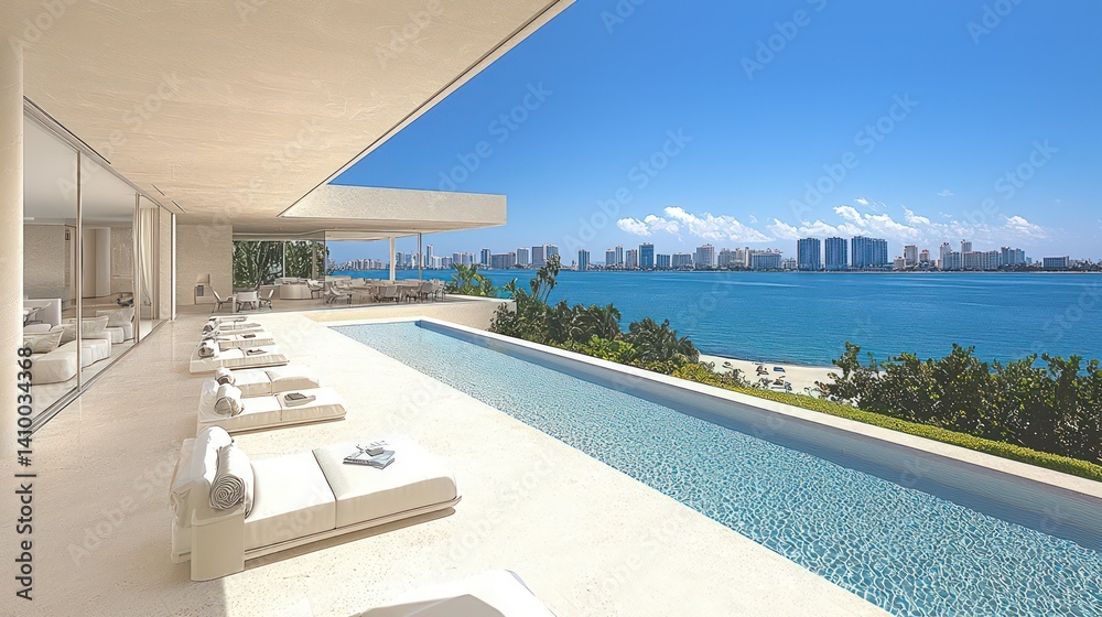 Fototapeta premium Modern building with pool overlooking ocean and city skyline on a sunny day.