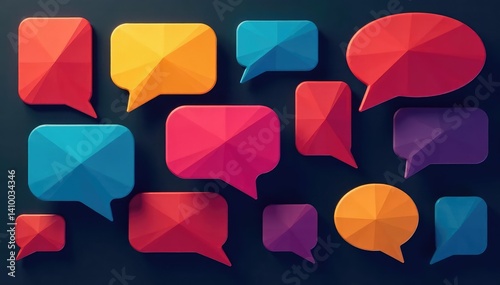 Geometric speech bubble pattern, bold colors, dark background , sophisticated, bubbles, sharp