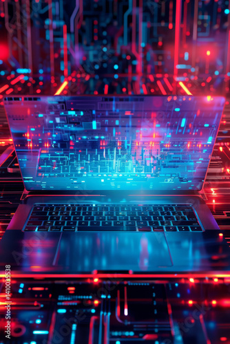 Laptop showing futuristic hologram interface with glowing lines of code