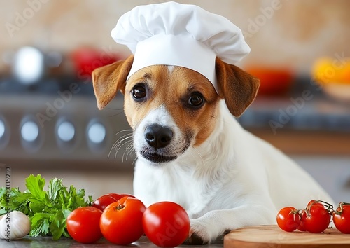 Dog Chef in Kitchen with Veggies