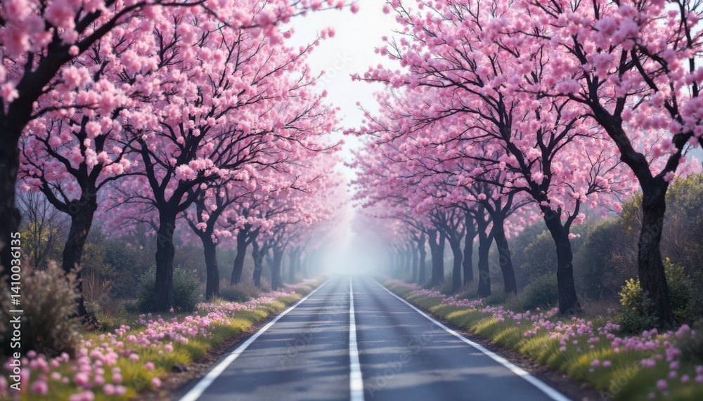 Blossoming cherry trees line a serene road nature photography spring season tranquil environment scenic viewpoint Blossoming cherry trees line a serene road nature photography spring season tranquil environment scenic viewpoint