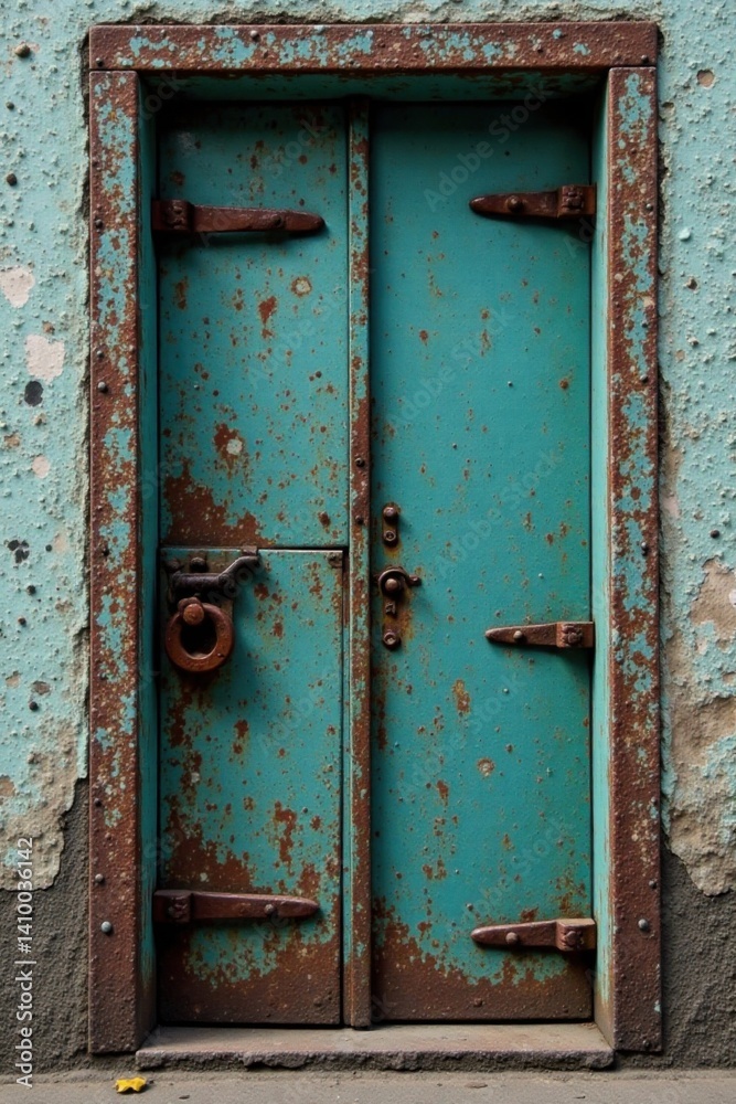 Naklejka premium Distressed metal door with rusty hinges and old lock , weathered, gritty, worn