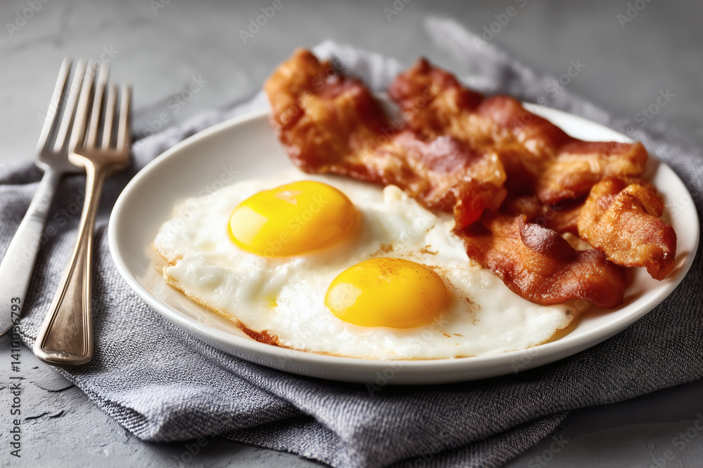 Classic Breakfast: Sunny-side up eggs and crispy bacon served on a plate. Ready to enjoy a delicious meal. Classic Breakfast: Sunny-side up eggs and crispy bacon served on a plate. Ready to enjoy a delicious meal.