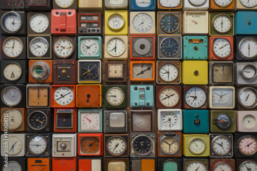 Colorful wall composed of many vintage square clocks showing different times