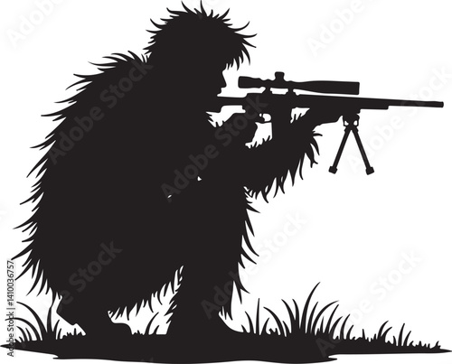 Sniper in Ghillie Suit Silhouette – Tactical Marksman Illustration

Camouflaged Shooter Silhouette – Military Sniper Art

Stealth Marksman in Position – Black and White Sniper Design

