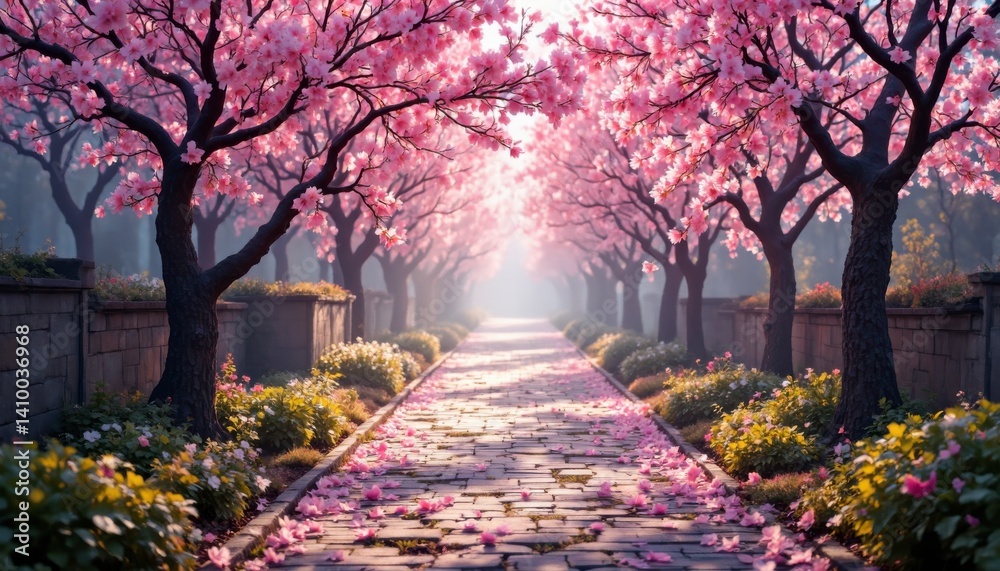 Naklejka premium Cherry blossom pathway botanical garden landscape photography tranquil environment serene viewpoint nature's beauty