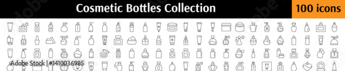 Cosmetic Bottles Bundle of Related Line Icons. Perfume, Cream, Shampoo, Gel Outline Signs for Graphic and Web Design, Apps, Adverts, Various Cards