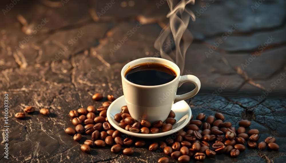 Fototapeta premium Dark stone surface, steaming coffee cup, scattered roasted beans, texture, aromatic