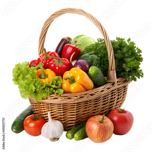 A wicker basket overflowing with fresh, colorful fruits and vegetables.