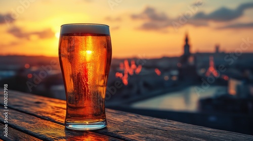 Chilled beer glass on a wooden table with a glowing financial chart in the background during a serene sunset