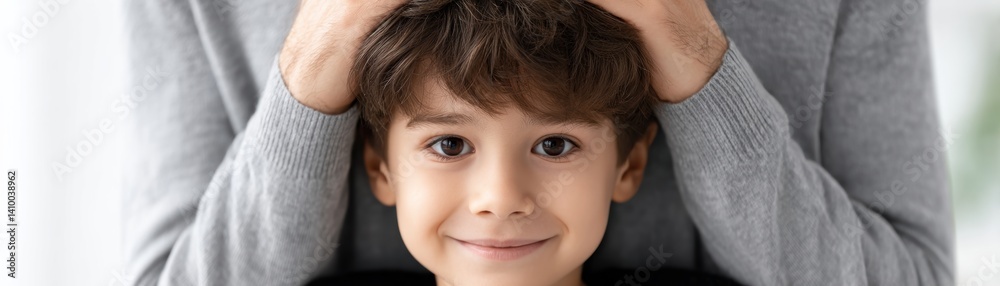 A joyful child smiles while an adult gently holds their head, conveying warmth and affection in a soothing indoor setting. A joyful child smiles while an adult gently holds their head, conveying warmth and affection in a soothing indoor setting.