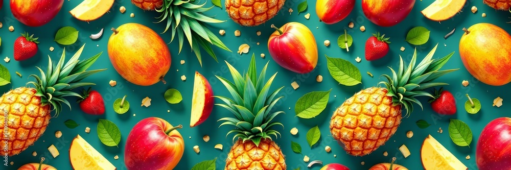 Colorful seamless pattern with tropical fruits like pineapple, mango, and coconut, seamless, mango, vibrant Colorful seamless pattern with tropical fruits like pineapple, mango, and coconut, seamless, mango, vibrant