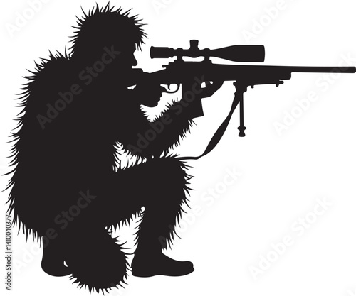 Sniper in Ghillie Suit Silhouette – Tactical Marksman Illustration

Camouflaged Shooter Silhouette – Military Sniper Art

Stealth Marksman in Position – Black and White Sniper Design

