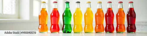Colorful soda pop bottles in a row, arranged neatly on white table, fizzy, white background, table