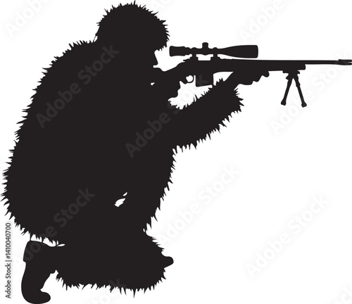 Sniper in Ghillie Suit Silhouette – Tactical Marksman Illustration

Camouflaged Shooter Silhouette – Military Sniper Art

Stealth Marksman in Position – Black and White Sniper Design

