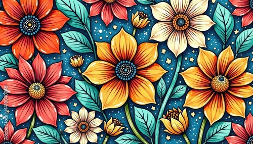 Intricate line art blossoms, geometric floral repeat, geometric, design, simple