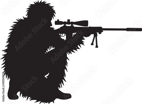 Sniper in Ghillie Suit Silhouette – Tactical Marksman Illustration

Camouflaged Shooter Silhouette – Military Sniper Art

Stealth Marksman in Position – Black and White Sniper Design

