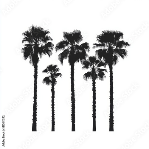 Five palm trees silhouette against white background