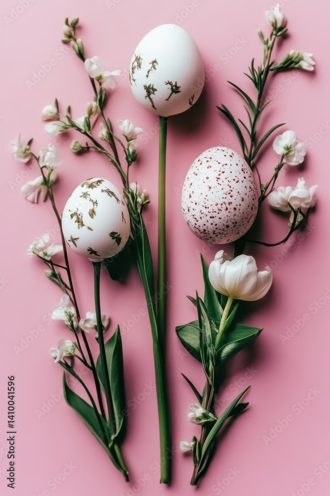 Fototapeta premium Easter eggs and leaves arranged on pink background. Concept of Easter celebration and spring.