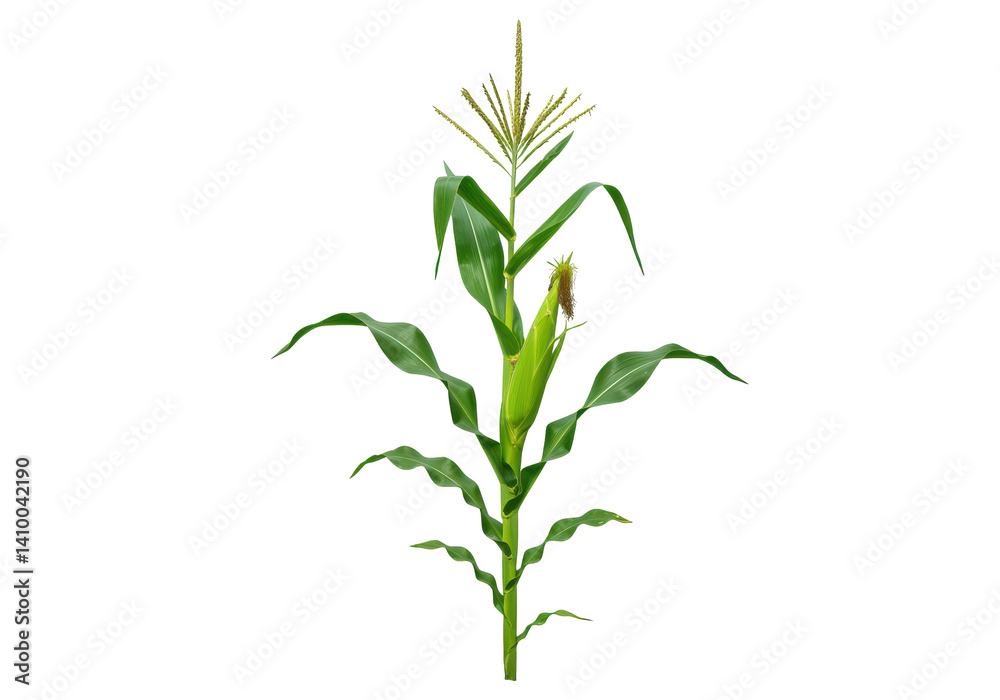 Fototapeta premium A vibrant green corn plant, its tall, slender leaves standing out against a clean white background