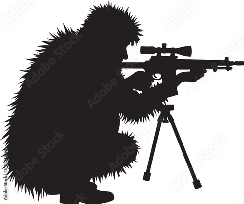 Sniper in Ghillie Suit Silhouette – Tactical Marksman Illustration

Camouflaged Shooter Silhouette – Military Sniper Art

Stealth Marksman in Position – Black and White Sniper Design

