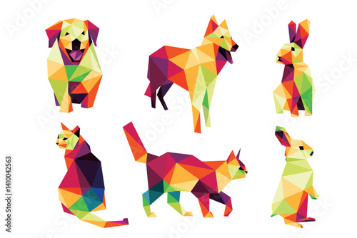 domestic animal set Colorful Polygonal Low Poly. Cat and Dog Colorful Origami Vector