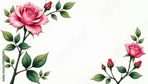 Intricate watercolor rose buds, leaves, & vines , spring, background, blossom
