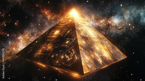 A glowing pyramid floating through space with stardust nearby