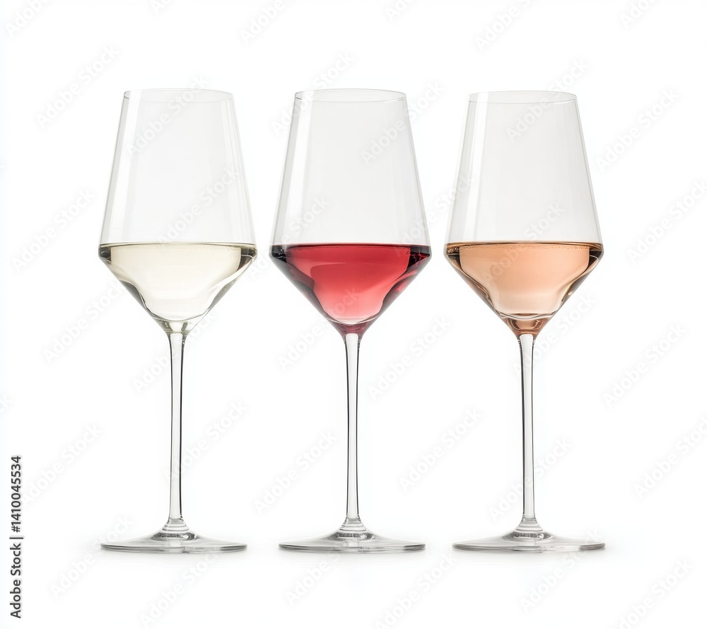 Elegant wine glasses showcasing white, red, and ros? wines Elegant wine glasses showcasing white, red, and ros? wines