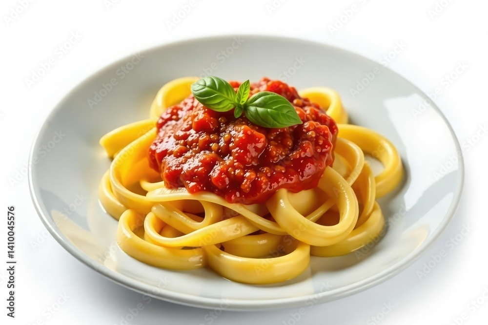 Plate of pasta with tomato sauce, white background, recipe, cuisine, white Plate of pasta with tomato sauce, white background, recipe, cuisine, white