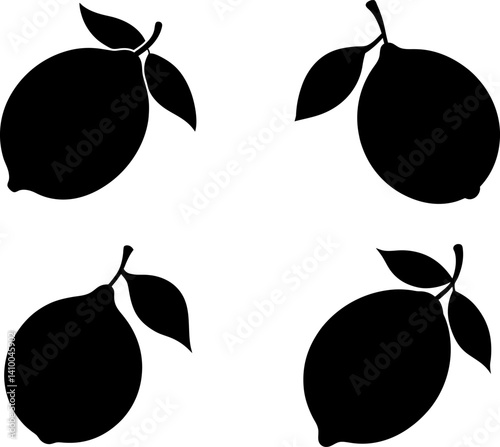 Lemon art vectors and Set of black fresh fruit with leaves icon silhouette collections