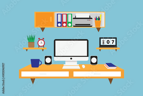 Flat vector illustration of modern home office desk setup. Includes computer, clock, coffee cup, plant, books, shelves, printer, and calendar. Great for remote work or productivity themes.