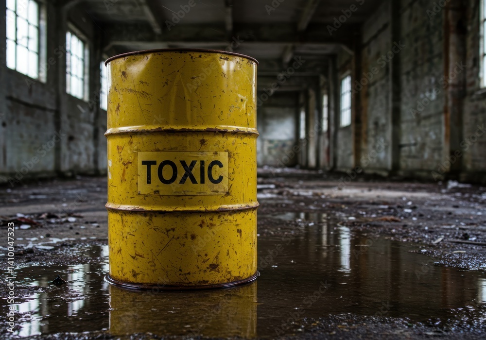 A yellow toxic barrel in an abandoned building with water on the floor and visible windows A yellow toxic barrel in an abandoned building with water on the floor and visible windows