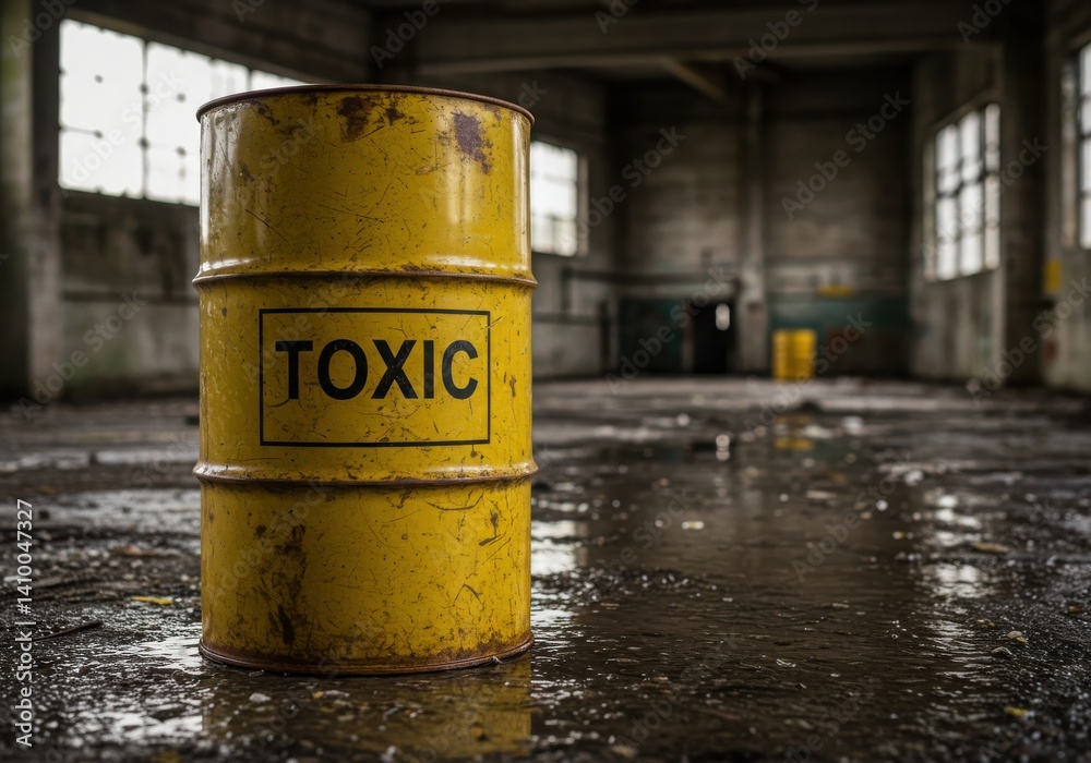 Yellow toxic barrel in abandoned warehouse with wet floor and natural light from the windows Yellow toxic barrel in abandoned warehouse with wet floor and natural light from the windows