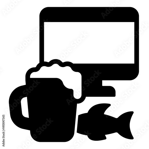 Beer mug and dryed fish at monitor solid icon, fishery concept. Vector graphics. Fisher man joy drink sign on white background, glyph style mobile or design.